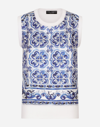 DOLCE & GABBANA SLEEVELESS SILK AND TWILL SWEATER WITH MAJOLICA PRINT