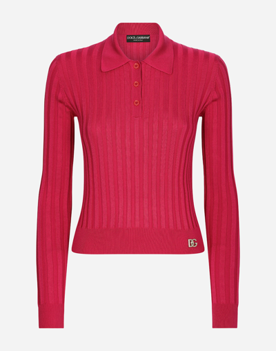 Dolce & Gabbana Cropped Polo Shirt In Ribbed Silk In Raspberry_rose