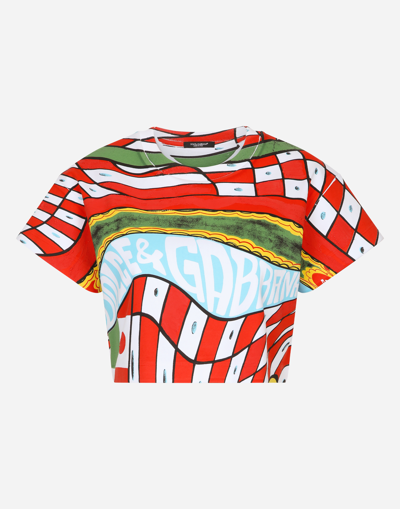 Dolce & Gabbana Cropped Jersey T-shirt With Carretto Print In Combined_colour