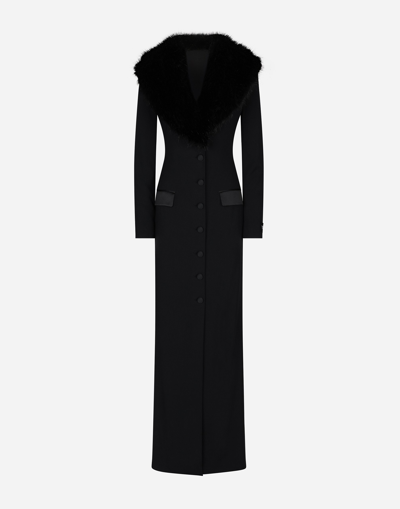 Dolce & Gabbana Long Silk Georgette Coat With Faux Fur Collar