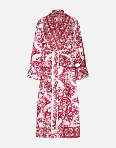 Dolce & Gabbana Twill Wrap Coat With Belt And Majolica Print