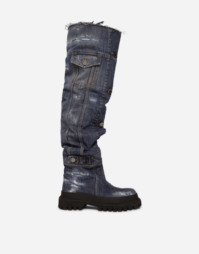 Dolce & Gabbana Patchwork Denim Hi-trekking Boots In Multi