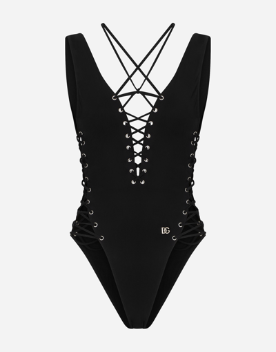 Dolce & Gabbana One-piece Swimsuit With Plunging Neckline And Lacing And Eyelets