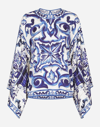 Dolce & Gabbana Majolica-print Round Neck Charmeuse Blouse In Multicolor