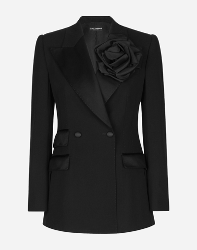 Dolce & Gabbana Double-breasted Woolen Jacket With Flower Appliqué