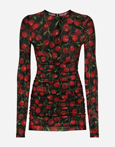Dolce & Gabbana Long-sleeved Tulle Top With Cherry Print And Draping In Multicolor