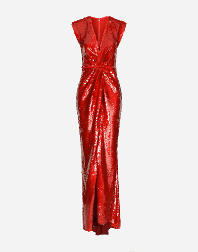 Dolce & Gabbana Long Sequined Dress With Draping In Red