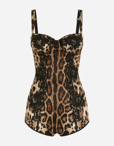 Dolce & Gabbana Silk Balconette Underwear Bodysuit With Leopard-print Lace Details