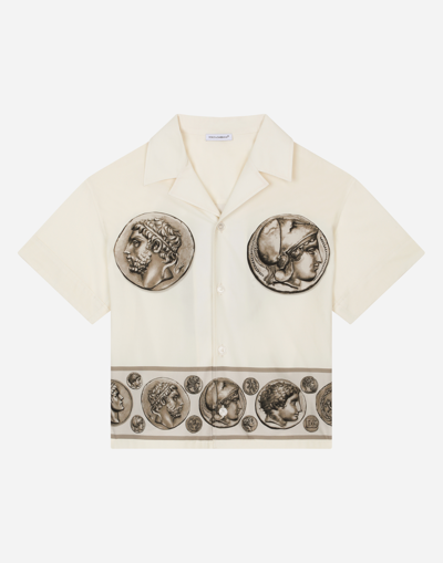 Dolce & Gabbana Short-sleeved Poplin Shirt With Coin Print In White