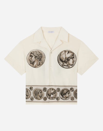 Dolce & Gabbana Kids' Short-sleeved Poplin Shirt With Coin Print In Ivory