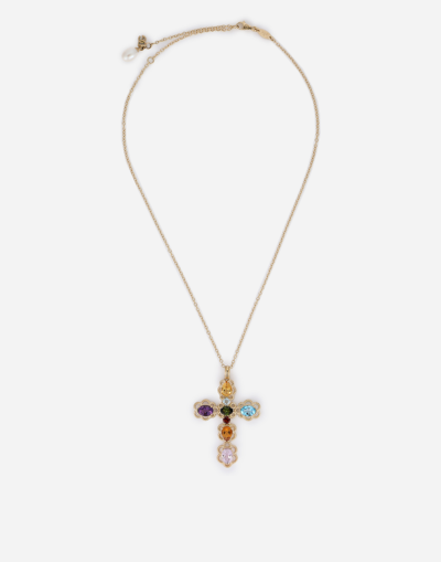 Dolce & Gabbana 18 Kt Yellow Gold Cross Pendant  With Multicolor Fine Gemstones