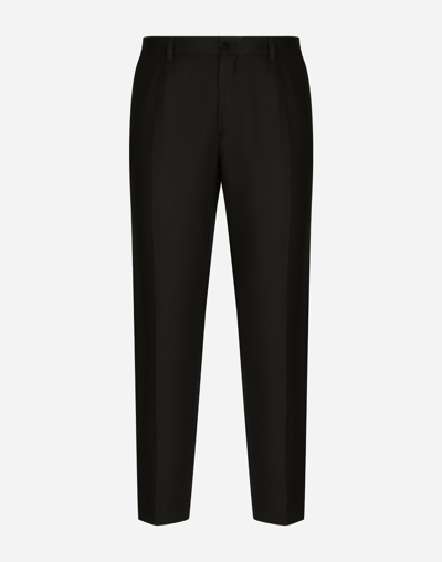 Dolce & Gabbana Linen Trousers With Logo Label In Black