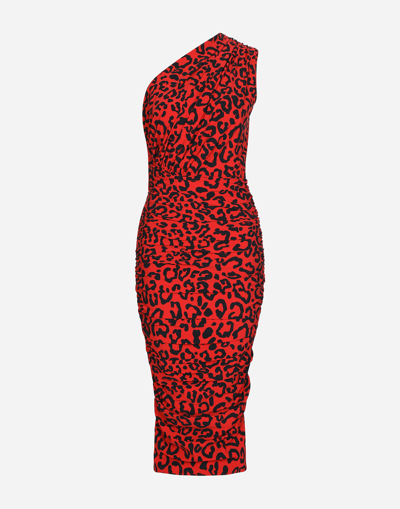 Dolce & Gabbana Leopard-print One-shoulder Dress In Leo Nero Fdo Rosso