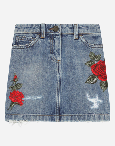 Dolce & Gabbana Kids' 5-pocket Short Denim Skirt With Rose Patch