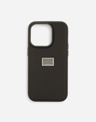 Dolce & Gabbana Calfskin Iphone 14 Pro Cover With Logo Tag In Black