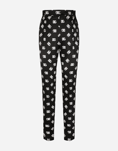 Dolce & Gabbana Silk Twill Pants With Dg Monogram Print In Dg Bianco Fdo Nero