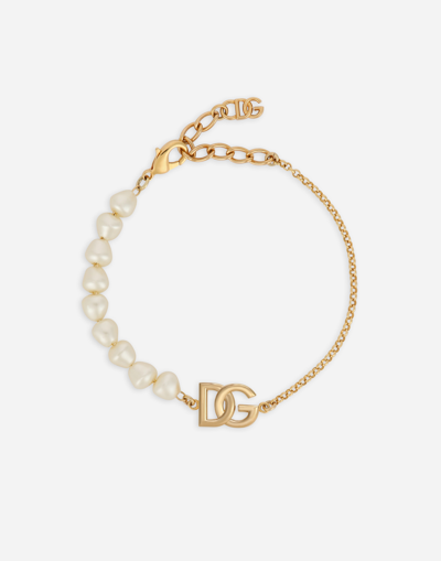 Dolce & Gabbana Gold-tone Bracelet With Logo Placque And Pearl Detailing In Brass Woman