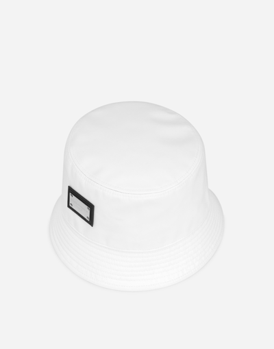 Dolce & Gabbana Nylon Bucket Hat With Branded Plate In Optical White