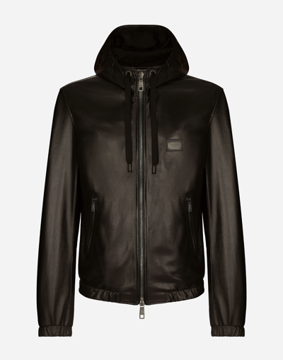 Dolce & Gabbana Leather Jacket With Hood And Branded Tag