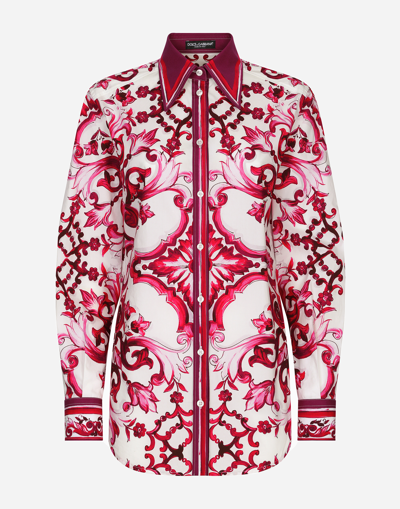 Dolce & Gabbana Majolica-print Poplin Shirt In White,fuchsia