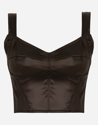 Dolce & Gabbana Shiny Satin Corset Top In Dark Brown