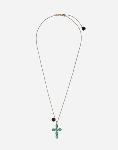 Dolce & Gabbana Family Cross Pendant With Emeralds In Metallic