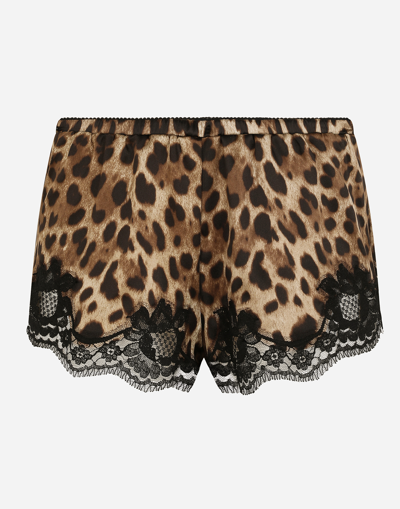 Dolce & Gabbana Leopard-print Satin Underwear Shorts With Lace Detailing