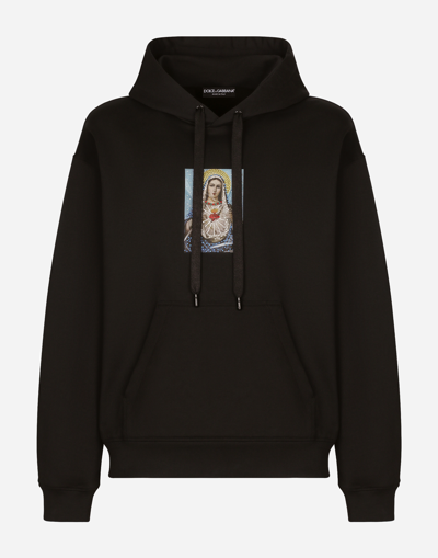Dolce & Gabbana Jersey Hoodie With Print And Fusible Rhinestone Embellishment