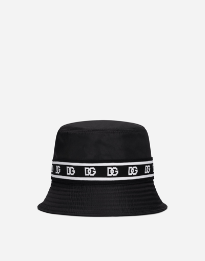 Dolce & Gabbana Nylon Bucket Hat With Branded-band Print In Black