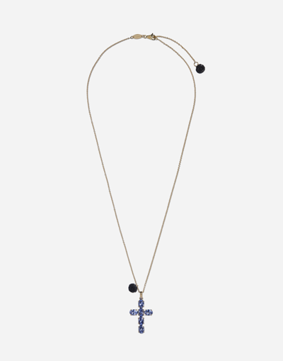 Dolce & Gabbana Family Cross And Rose Pendats On Yellow Gold Chain In Blue