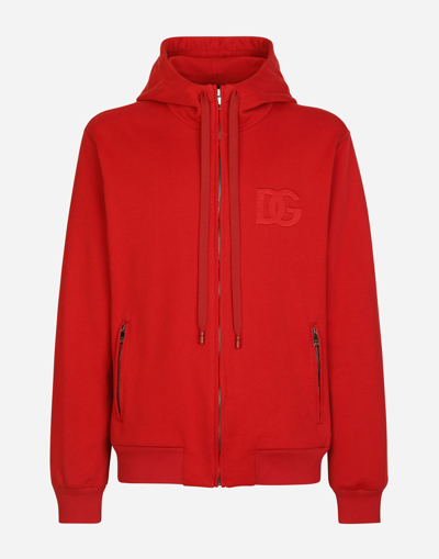 Dolce & Gabbana Zip-up Jersey Hoodie With Dg Embroidery In Red