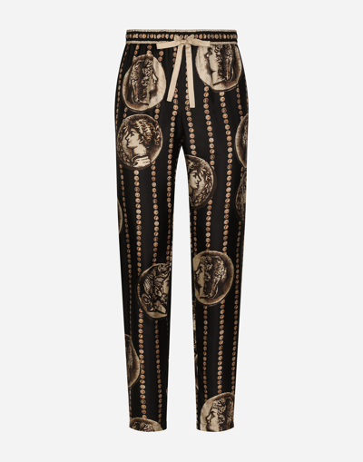 Dolce & Gabbana Jogging Trousers In Silk Twill With Coin Print In Black