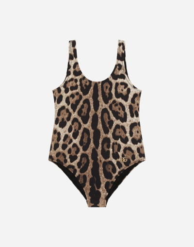 Dolce & Gabbana Kids' Leopard-print U-neck Swimsuit In Brown
