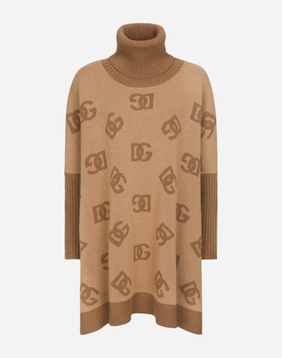 Dolce & Gabbana Short Wool Turtle-neck Poncho With Dg Inlay