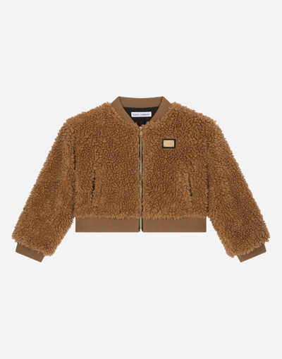 Dolce & Gabbana Kids' Logo-plaque Shearling Bomber Jacket In Brown