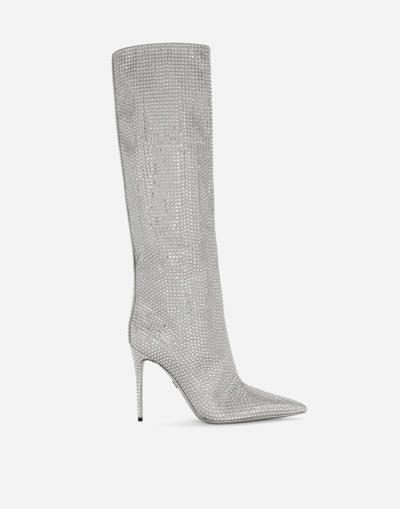 Dolce & Gabbana Kim Dolce&gabbana Satin Boots With Fusible Rhinestones In Lgt_grey_crystal