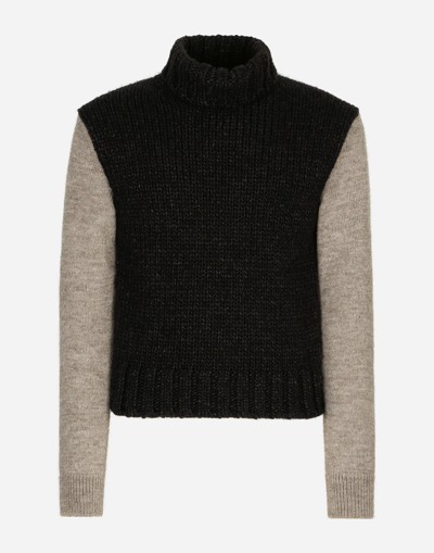 Dolce & Gabbana Two-tone Wool And Alpaca Turtle-neck Sweater In Grey