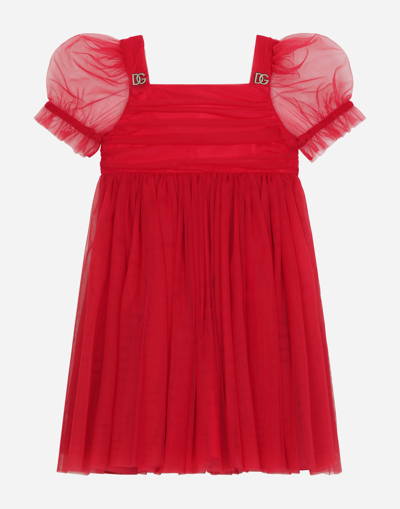 Dolce & Gabbana Kids' Ruched Tulle Evening Dress In Rosso Brillante