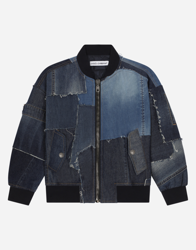 Dolce & Gabbana Kids' Denim Patchwork Logo Plaque Bomber Jacket In Blue