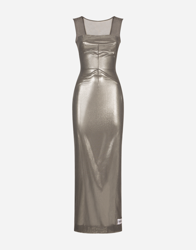 Dolce & Gabbana Long Foiled Jersey And Tulle Dress In Grey