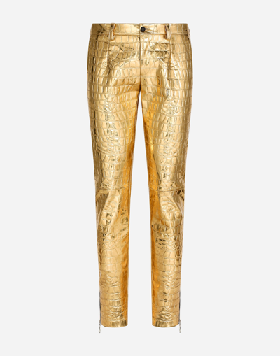 Dolce & Gabbana Alligator-print Technical Fabric Trousers In Gold