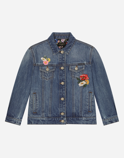 Dolce & Gabbana Kids' Floral-embroidered Denim Jacket In Blue
