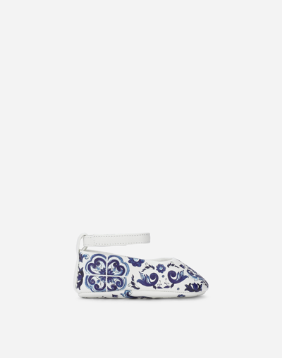 Dolce & Gabbana Babies' Majolica-print Leather Ballerina-shoes In Blue