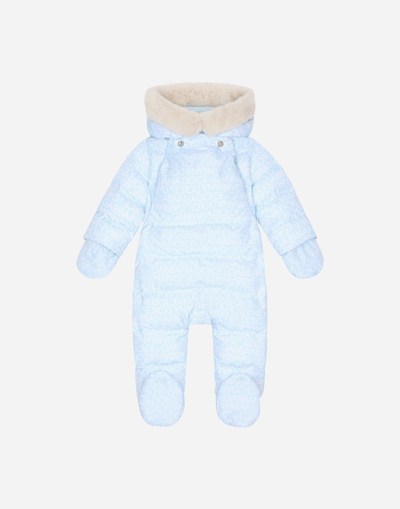 Dolce & Gabbana Babies' Padded Quilted Nylon Snowsuit With All-over Logo Print In Blue