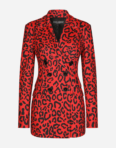 Dolce & Gabbana Double-breasted Blazer In Leopard-print Jersey In Red