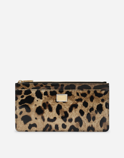 Dolce & Gabbana Large Polished Calfskin Card Holder With Zipper And Leopard Print In Brown