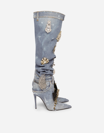 Dolce & Gabbana Patchwork Denim Boots With Embroidery In Blue