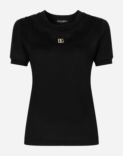 Dolce & Gabbana Logo Lace-inset Jersey T-shirt In Black