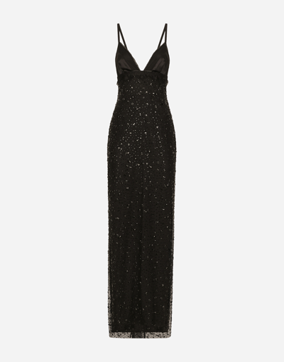 Dolce & Gabbana Long Tulle Slip Dress With All-over Rhinestone Embellishment In Black