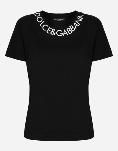Dolce & Gabbana Jersey T-shirt With Logo Embroidery On Neck In Black